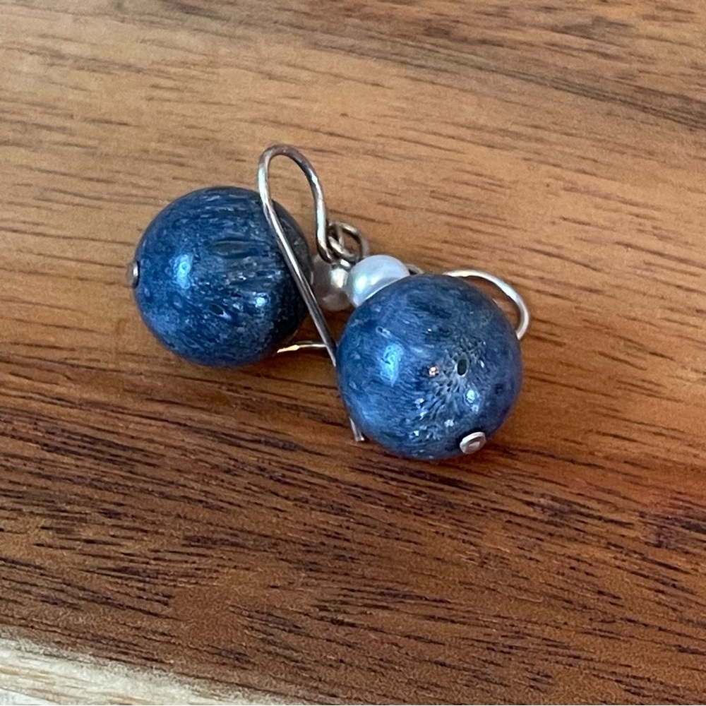 Lee Sands Blue Jasper Bead Drop Dangle Earrings‎ Sterling Silver